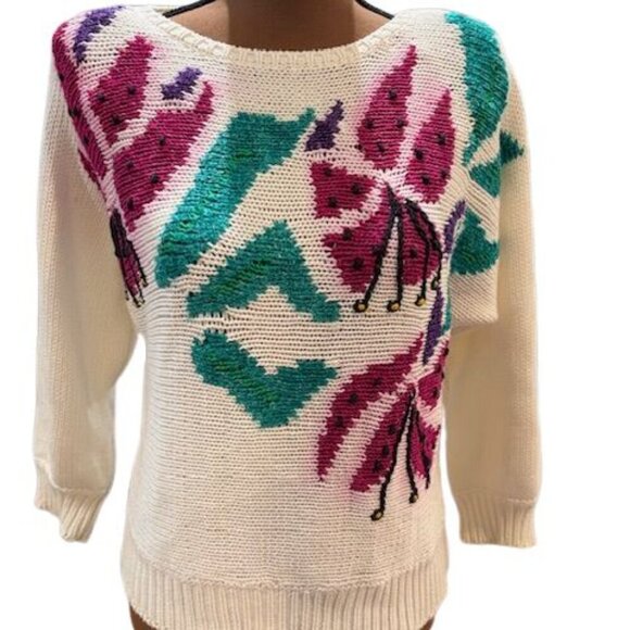 VINTAGE 1980s LQ Knitwear Hand Loomed Vibrant Sweater – Size Large - Picture 2 of 9